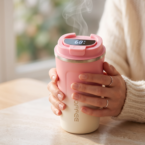 Vaso inteligente con pantalla de temperatura en la mano