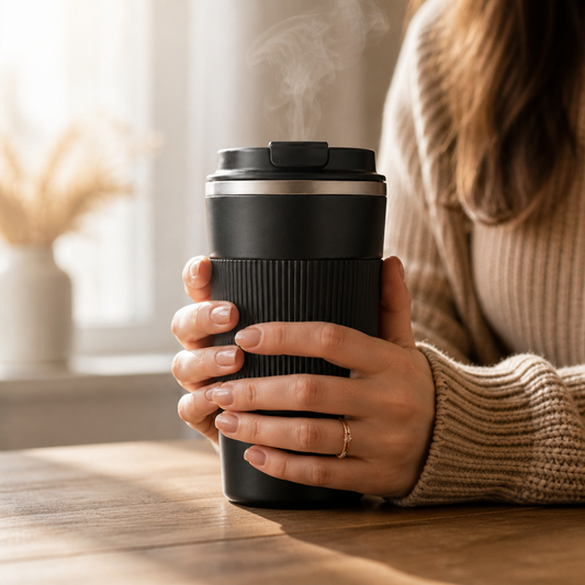 Vaso térmico antideslizante sostenido en la mano
